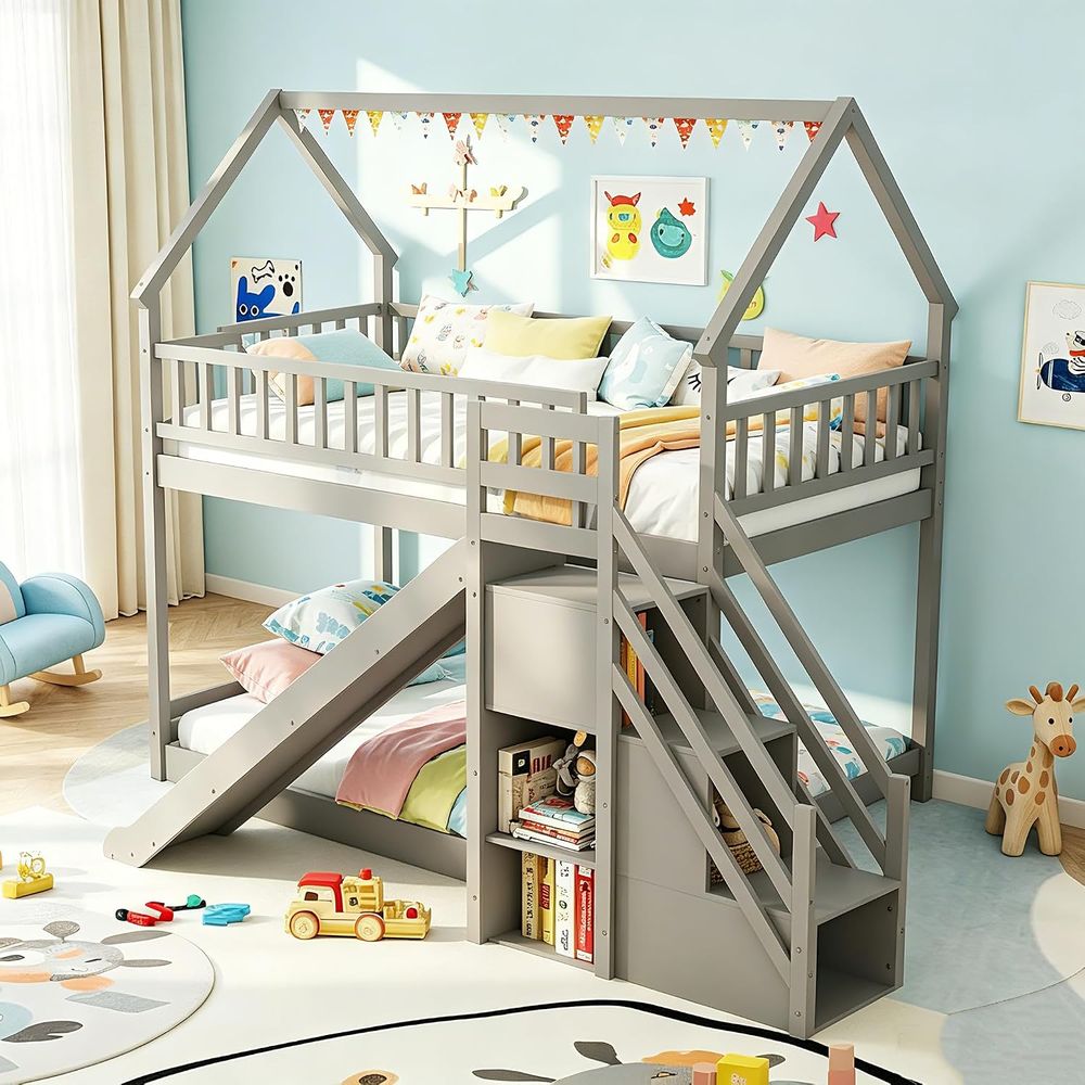 Bunk Bed With Stairs And Slide - Łóżko piętrowe pojedyncze z wysuwaną łóżkiem