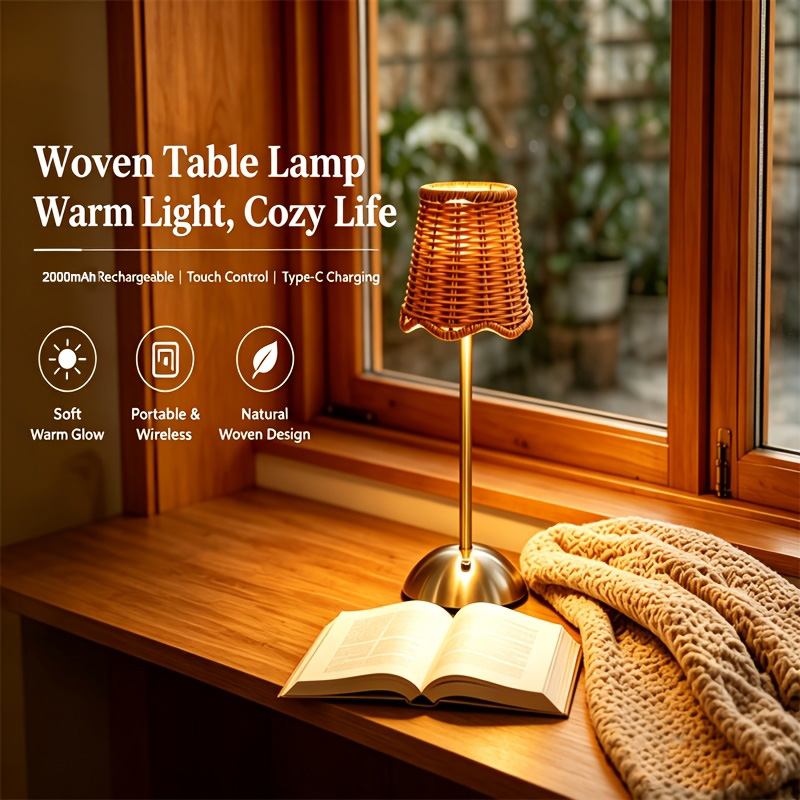 Bedroom Furniture - Bohemiczna tkana lampa stołowa z rattanu,