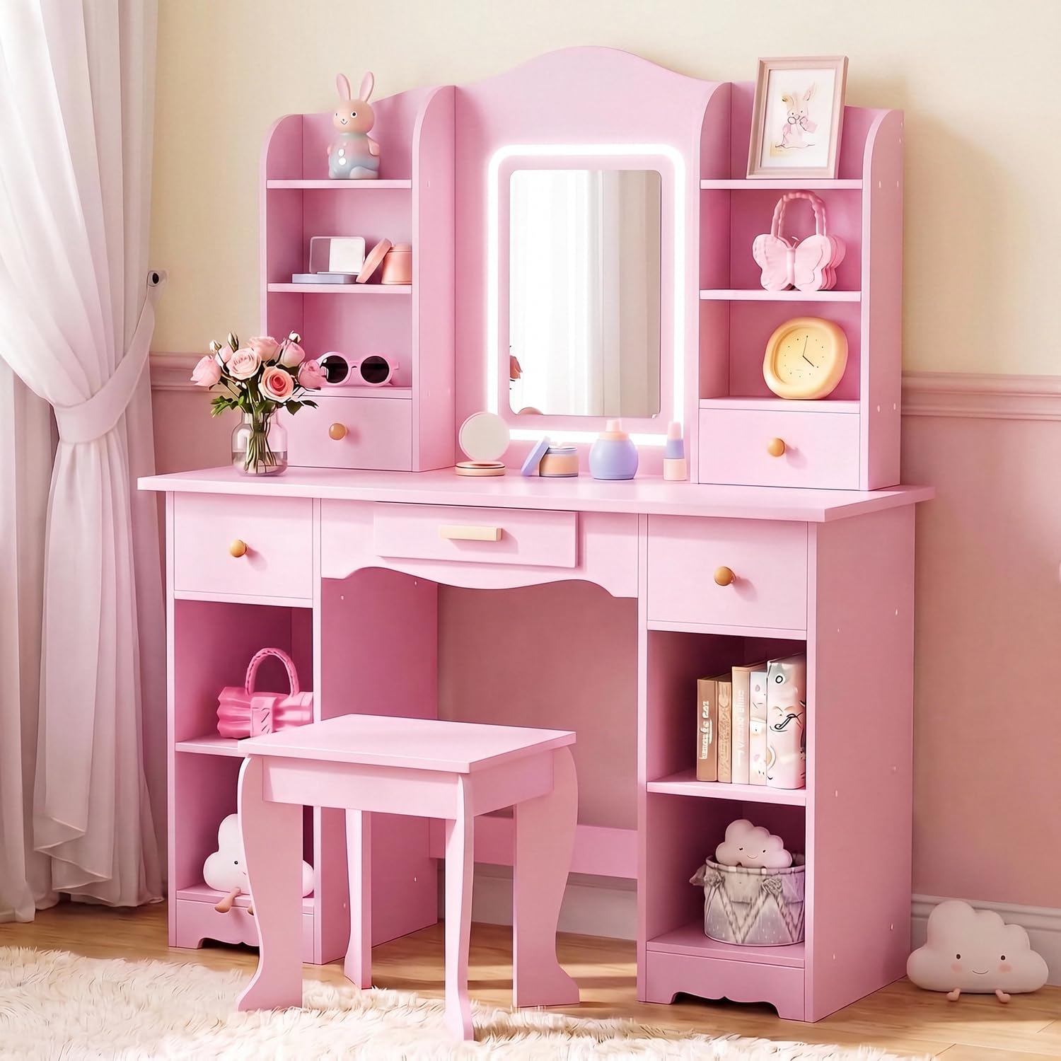 Dressing Table Vanity With Lighted Mirror - Toaletka dla dzieci z 3-kolorowymi światłami,