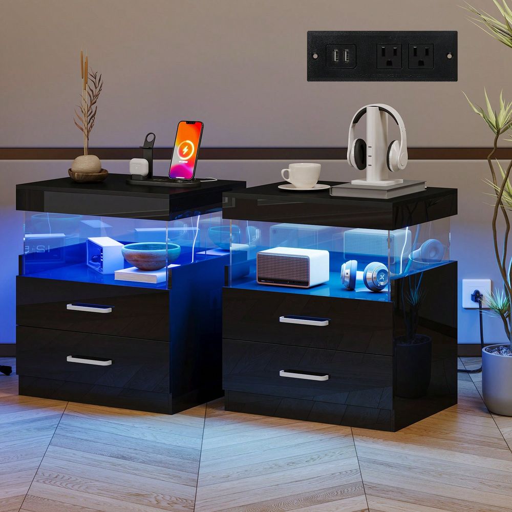 Floating Nightstand With Led Light - Czarna szafka nocna z diodami LED