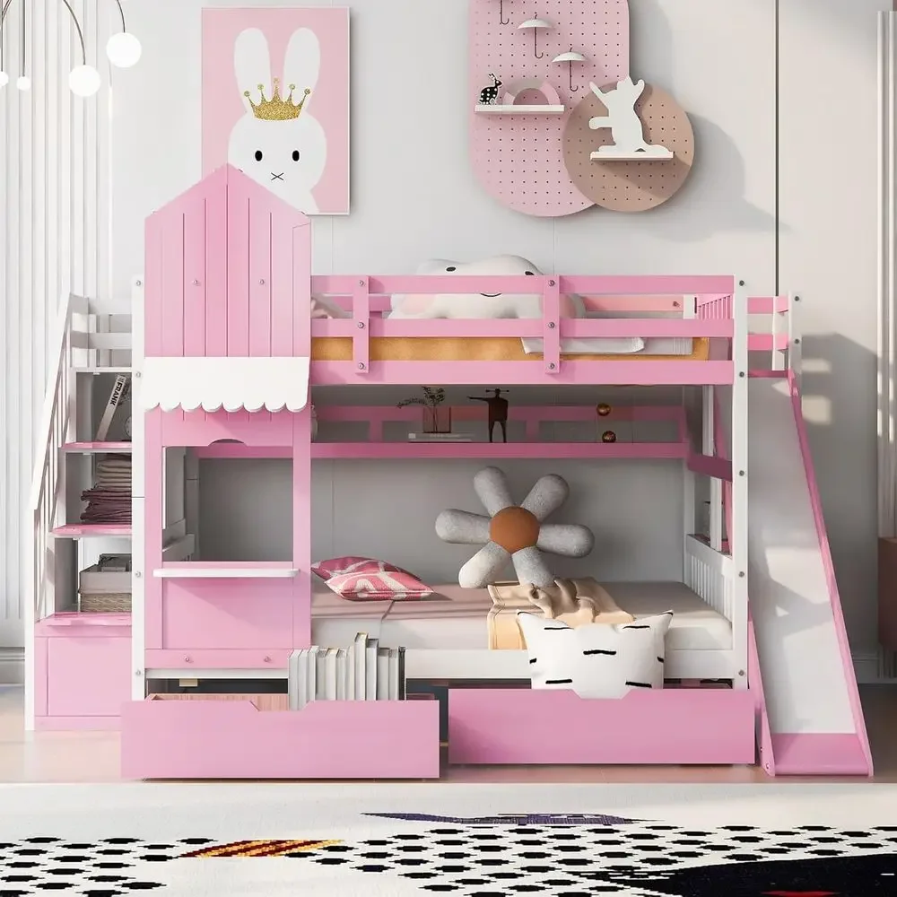 Bunk Bed With Stairs And Slide - Łóżko piętrowe dla dzieci ze schodkami,