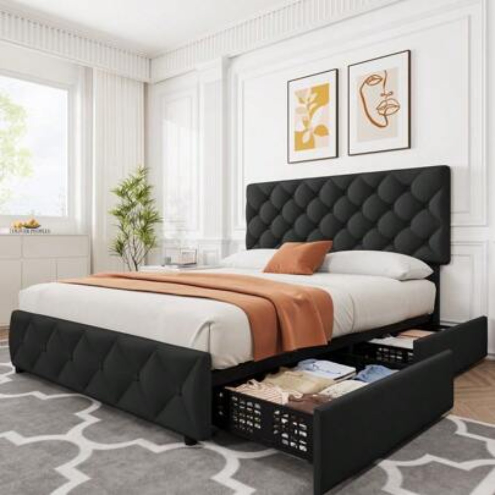 King Size Bed Frame With Storage Drawers - Rama łóżka w rozmiarze Full Queen