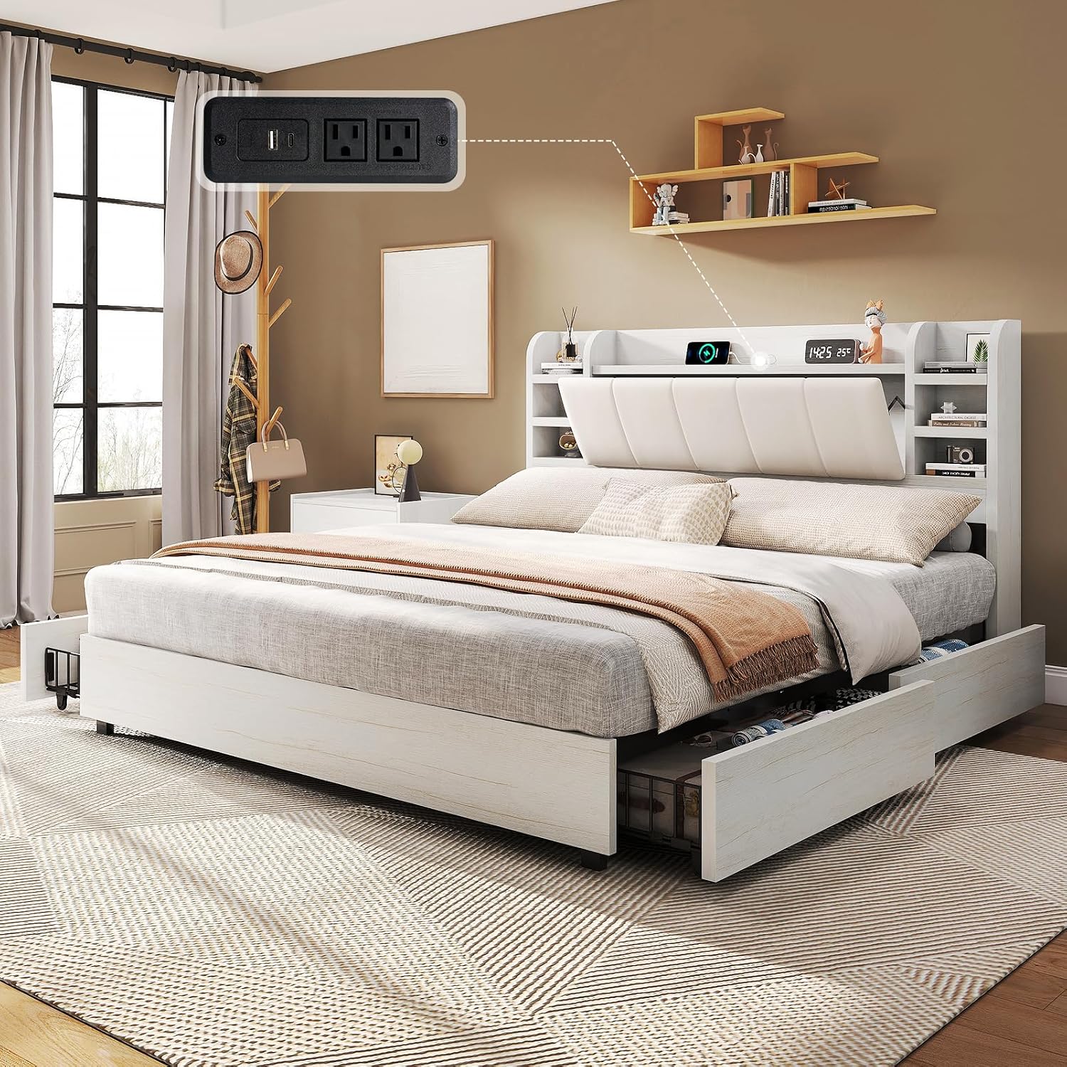 King Size Bed Frame With Storage Drawers - Łóżko tapicerowane typu King Size z
