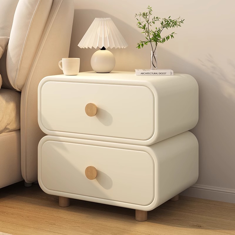 Solid Wood Nightstand 2 Drawers - Minimalistyczna kremowa szafka nocna z zaokrąglonymi