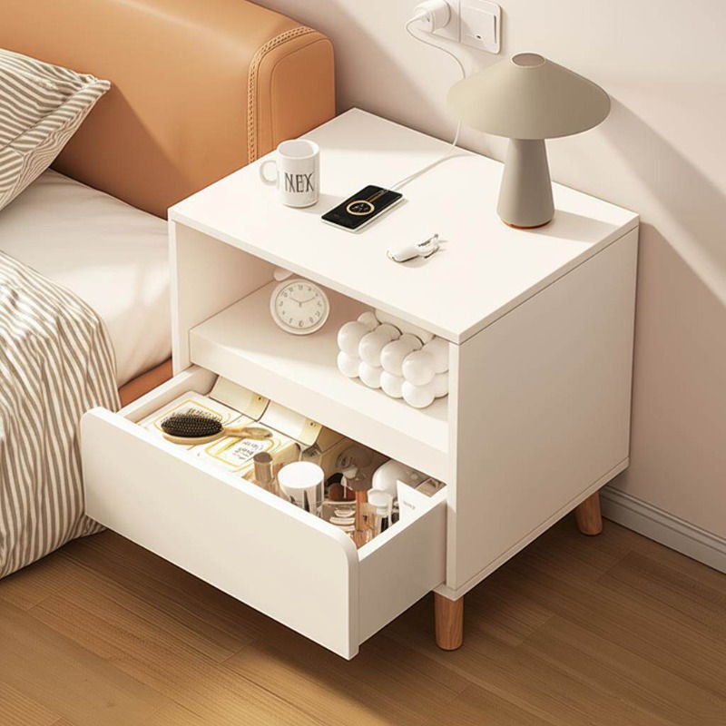 Solid Wood Nightstand 2 Drawers - Biały stolik nocny Sypialnia z szufladami