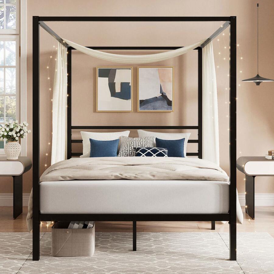 Canopy Bed Frame Metal Queen - Czarna rama łóżka z baldachimem, rozmiar