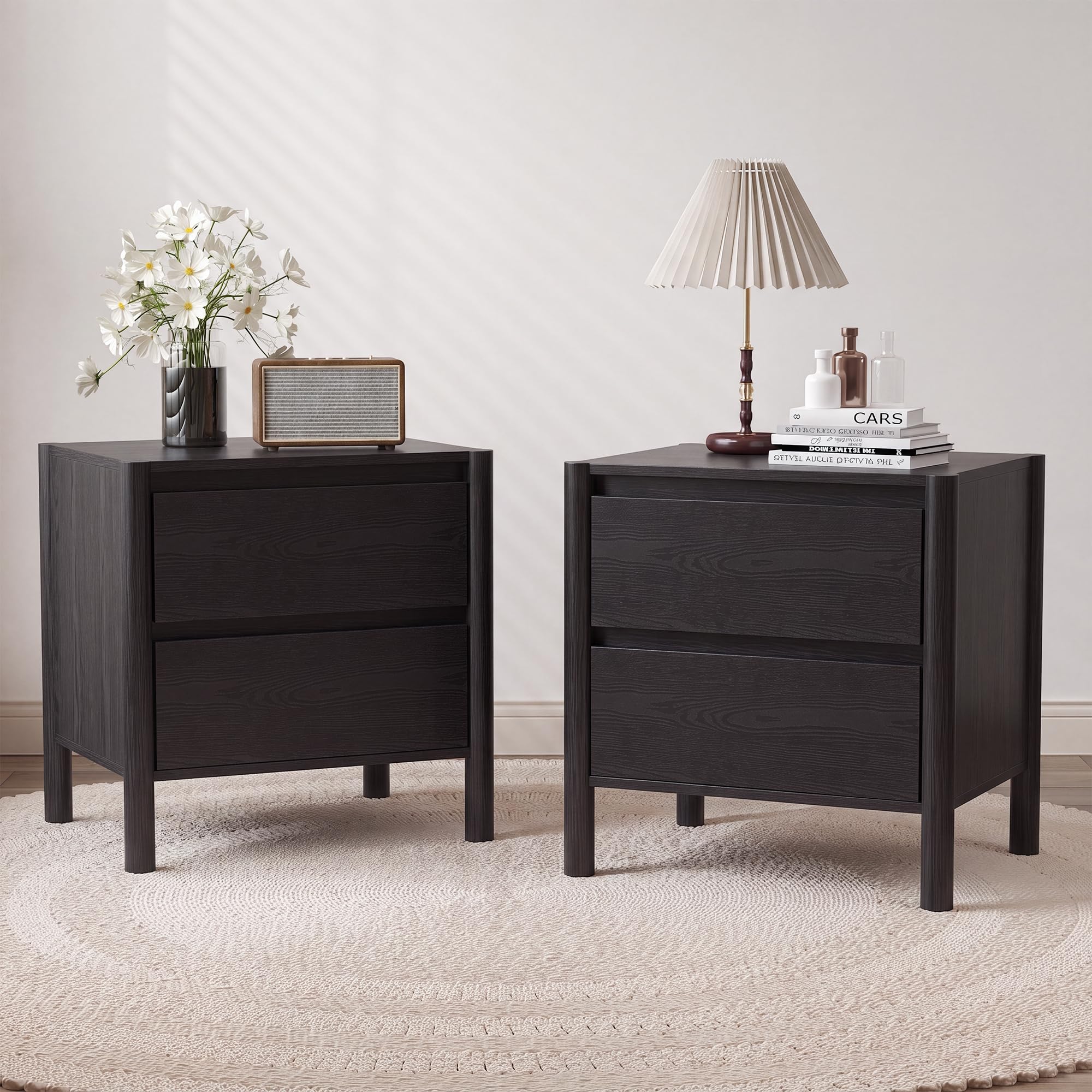 Solid Wood Nightstand 2 Drawers - Nowoczesny czarny zestaw 2 szafek nocnych