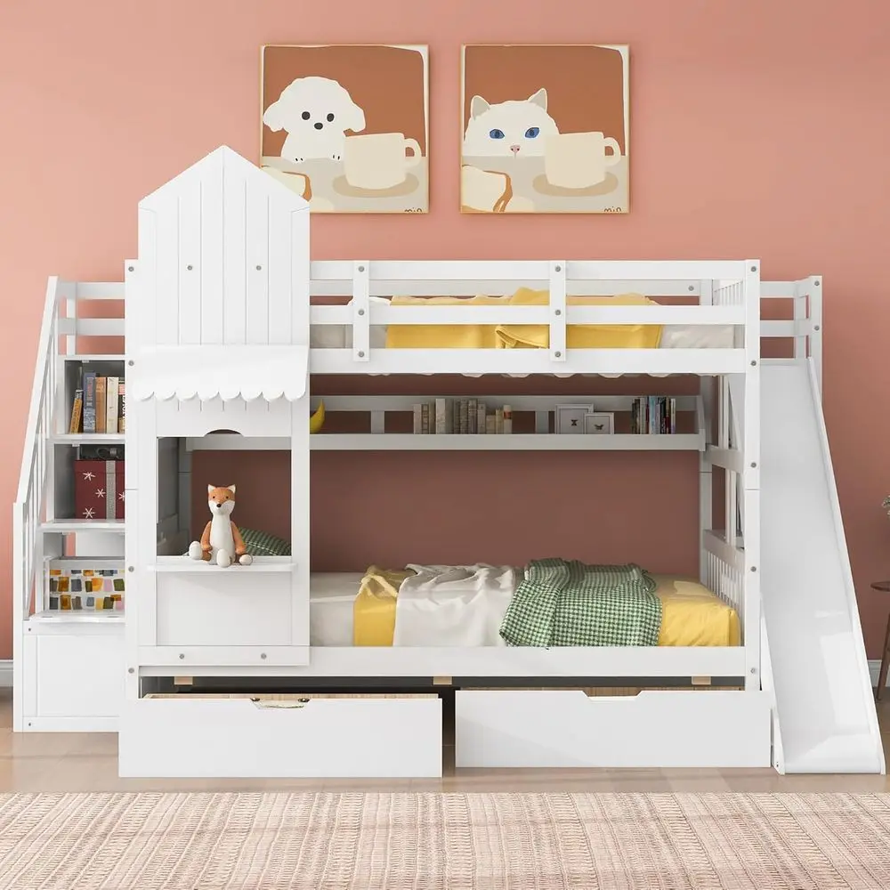 Bunk Bed With Stairs And Slide - Białe łóżko piętrowe dla dzieci ze