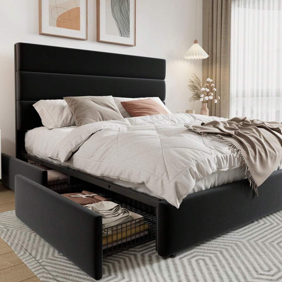 King Size Bed Frame With Storage Drawers - Łóżko platformowe w rozmiarze Full/Queen/King z