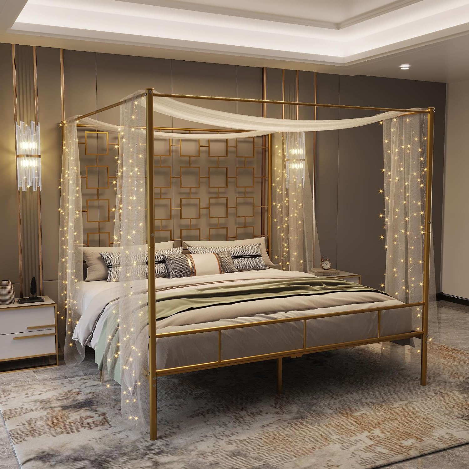 Canopy Bed Frame Metal Queen - Rama łóżka z baldachimem Queen, metalowa