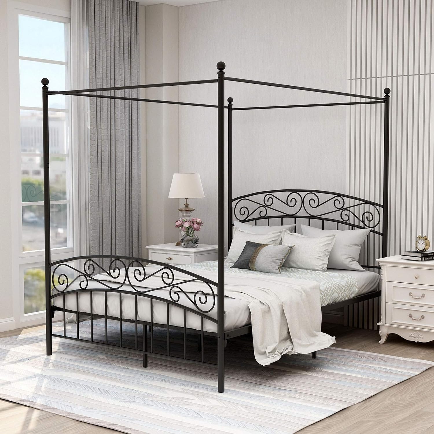 Rama łóżka z baldachimem w roz – Canopy Bed Frame Metal Queen recenzja i cena