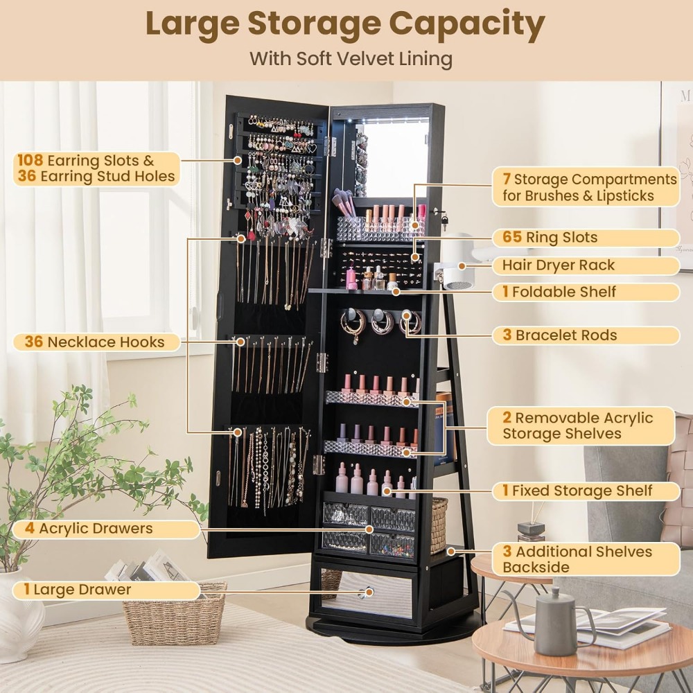 360 °   Szafka na biżuterię z  – Full Length Mirror Jewelry Armoire recenzja i cena