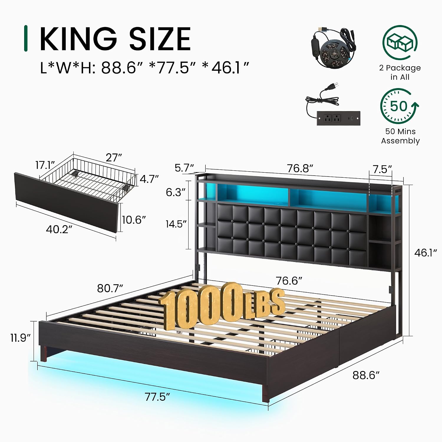 Drewniana rama łóżka w rozmiar – King Size Bed Frame With Storage Drawers recenzja i cena
