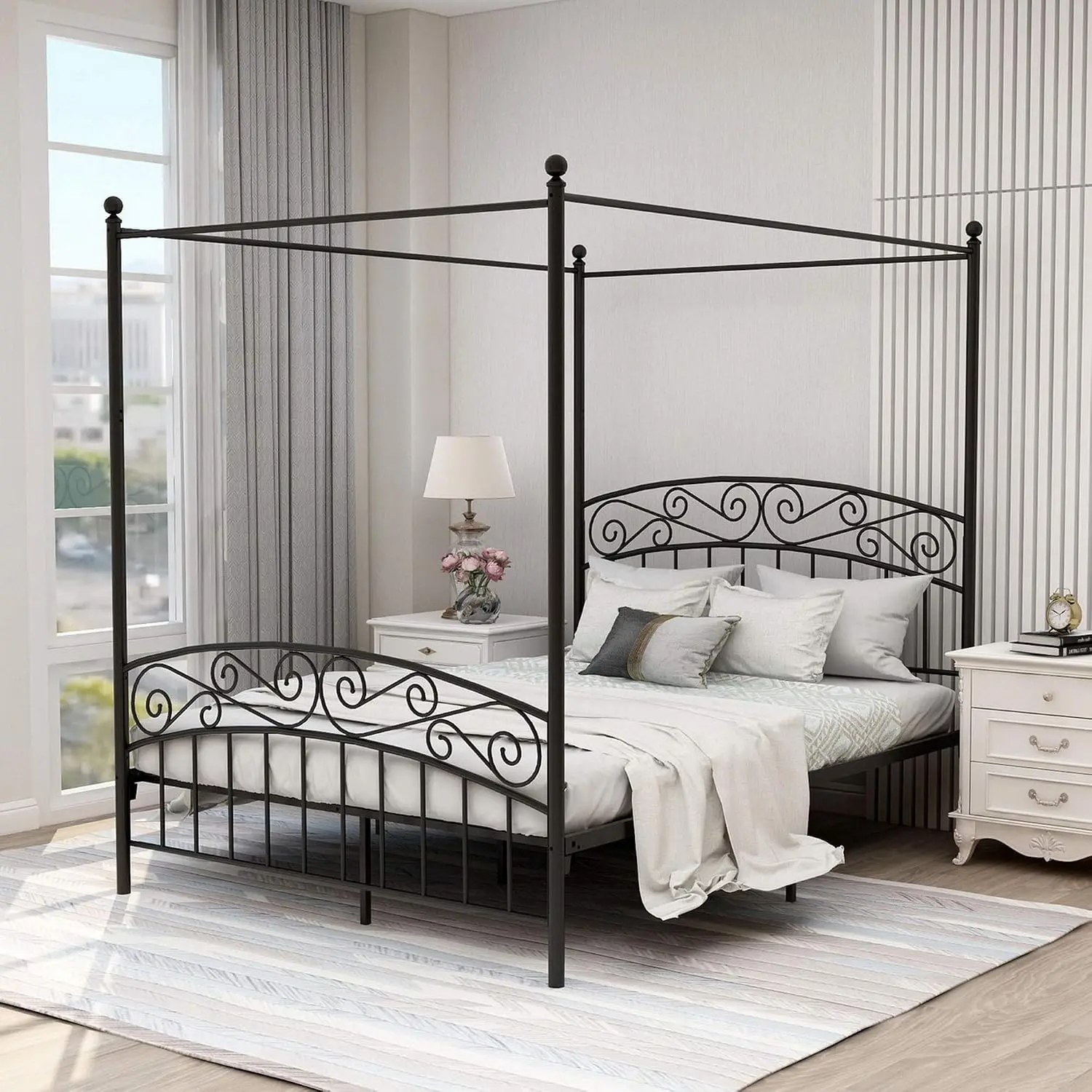 Rama łóżka z baldachimem w roz – Canopy Bed Frame Metal Queen recenzja i cena