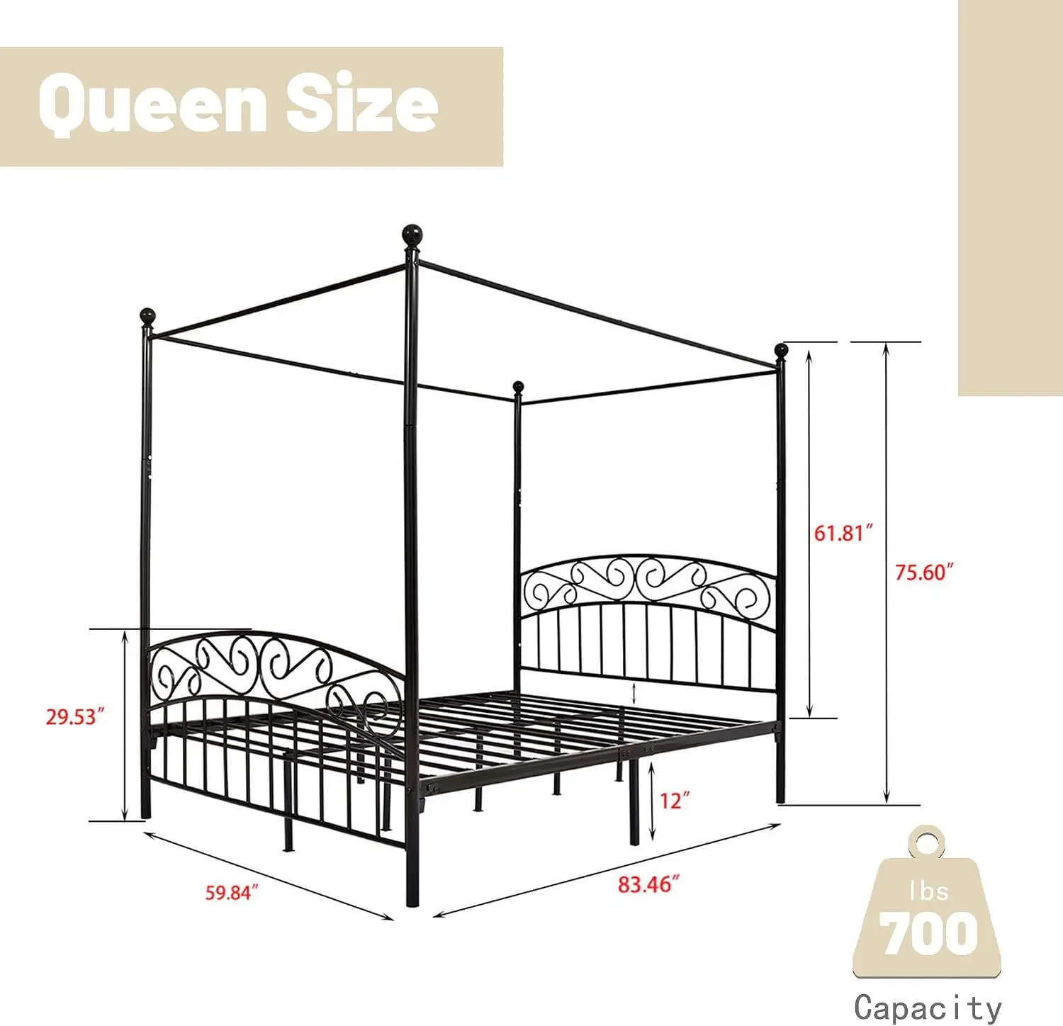 Rama łóżka z baldachimem w roz – Canopy Bed Frame Metal Queen recenzja i cena