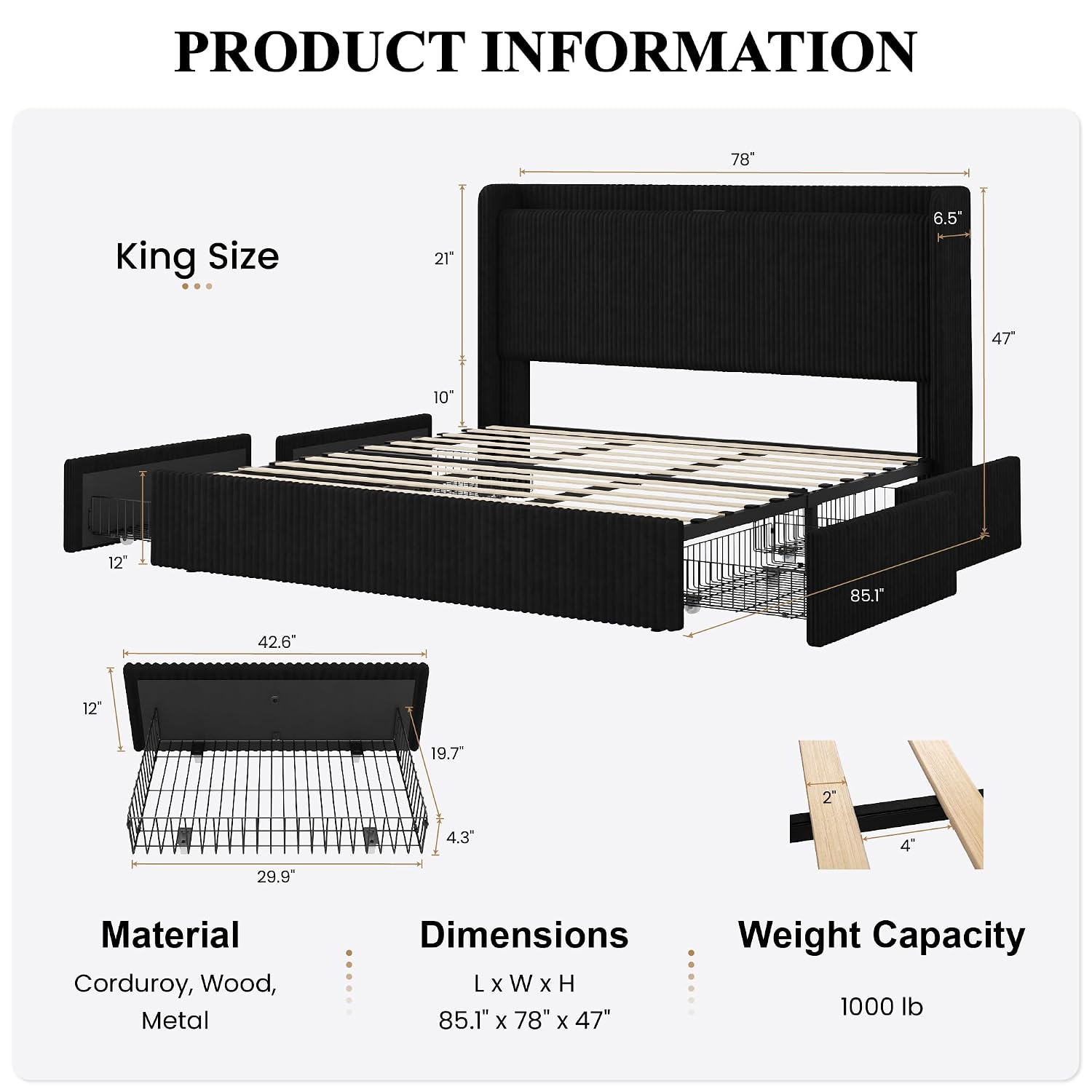 Rama łóżka typu King Size z 4  – King Size Bed Frame With Storage Drawers recenzja i cena