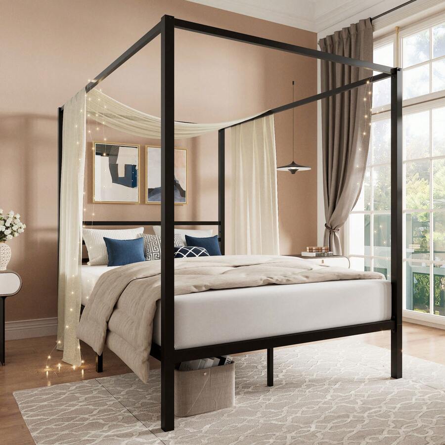 Czarna rama łóżka z baldachime – Canopy Bed Frame Metal Queen recenzja i cena