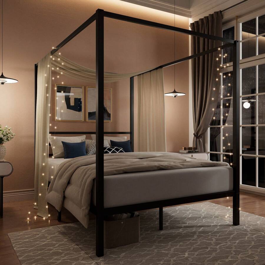Czarna rama łóżka z baldachime – Canopy Bed Frame Metal Queen recenzja i cena