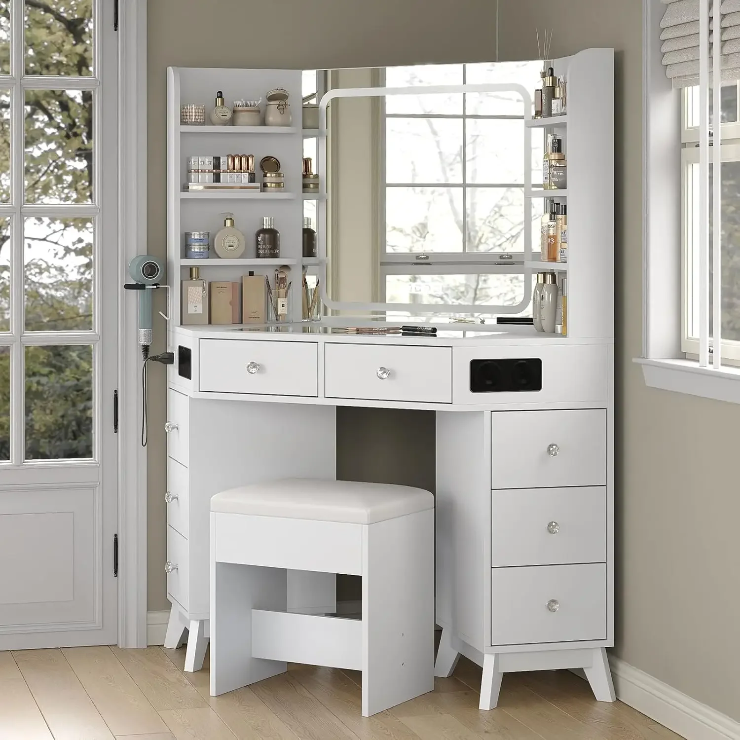 Toaletka narożna z głośnikami, – Dressing Table Vanity With Lighted Mirror recenzja i cena