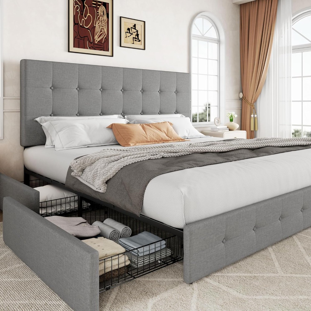 Łóżko platformowe King Size z  – King Size Bed Frame With Storage Drawers recenzja i cena
